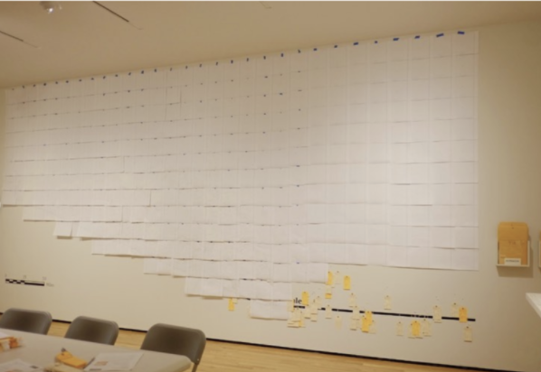 White wall of grids identifying toe tag placement
