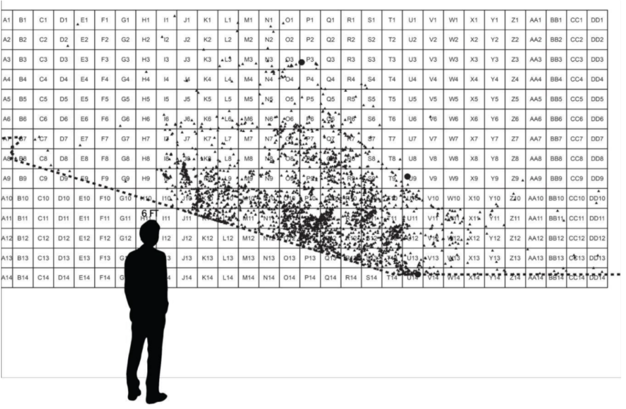 Black and white image of a person next to a sketch of a toe tag wall exhibit to show scale