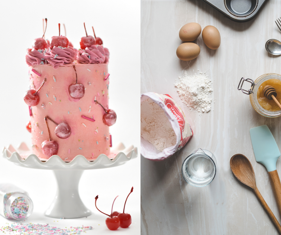 (Left) A delicious-looking cake (Right) A collection of baking ingredients and tools