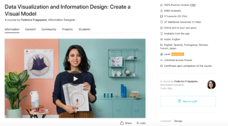 Screenshot of course landing page with image of Federica Fragapane holding a data visualization