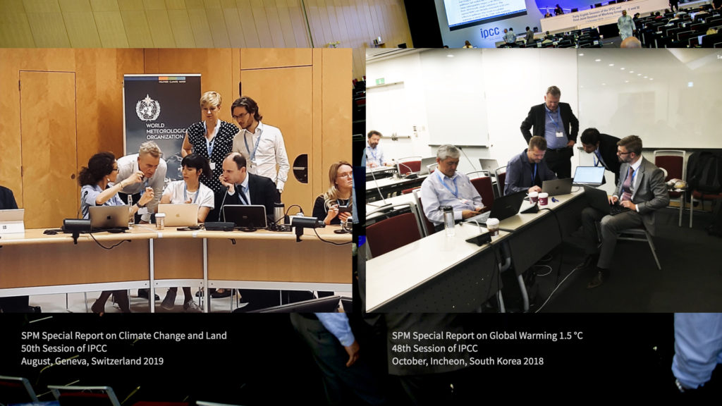 Photos of people gathered around laptops to discuss graphics at IPCC meetings