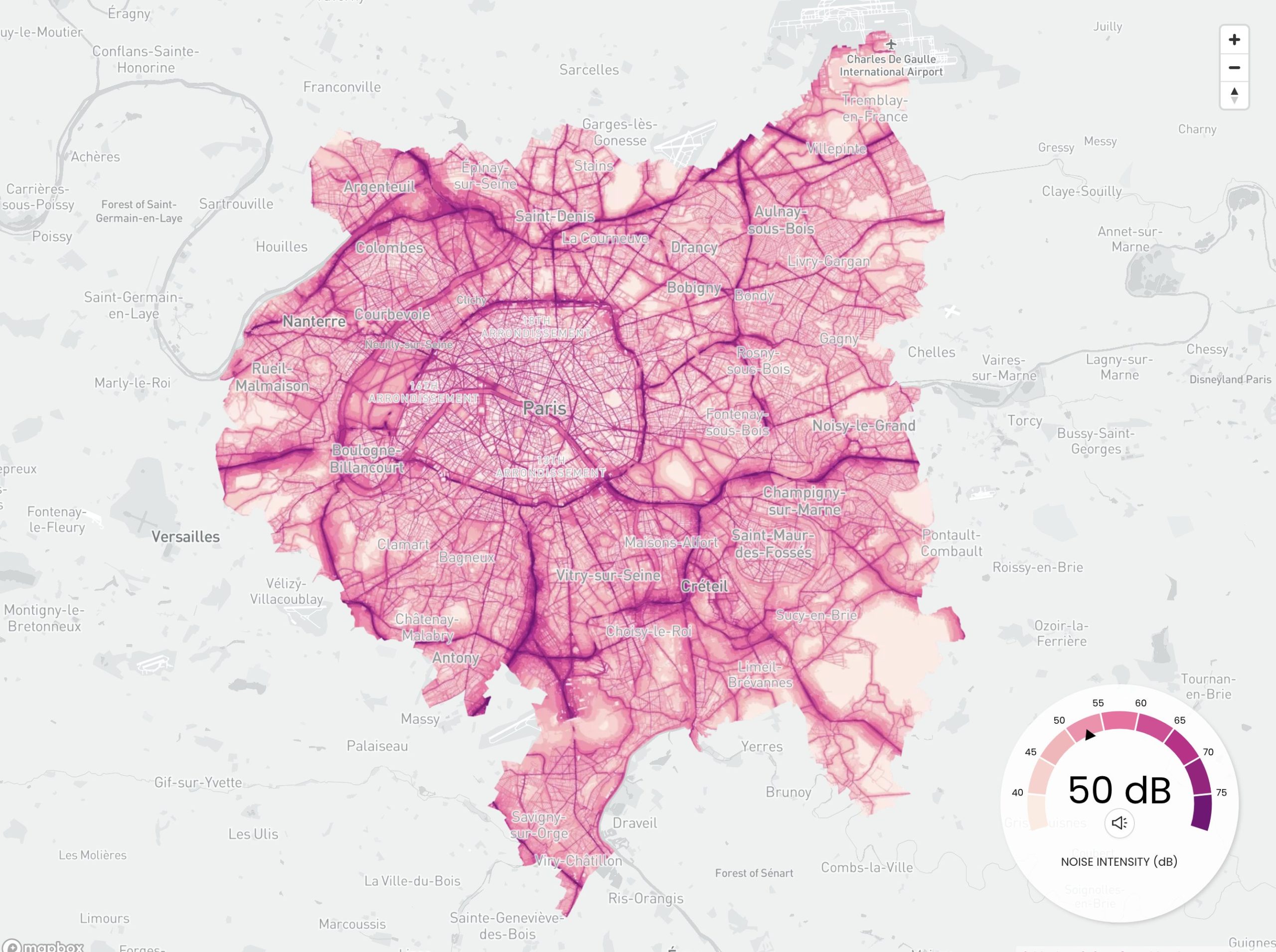 map of Paris showing noise levels in shades of pink with a decibel meter in the bottom right