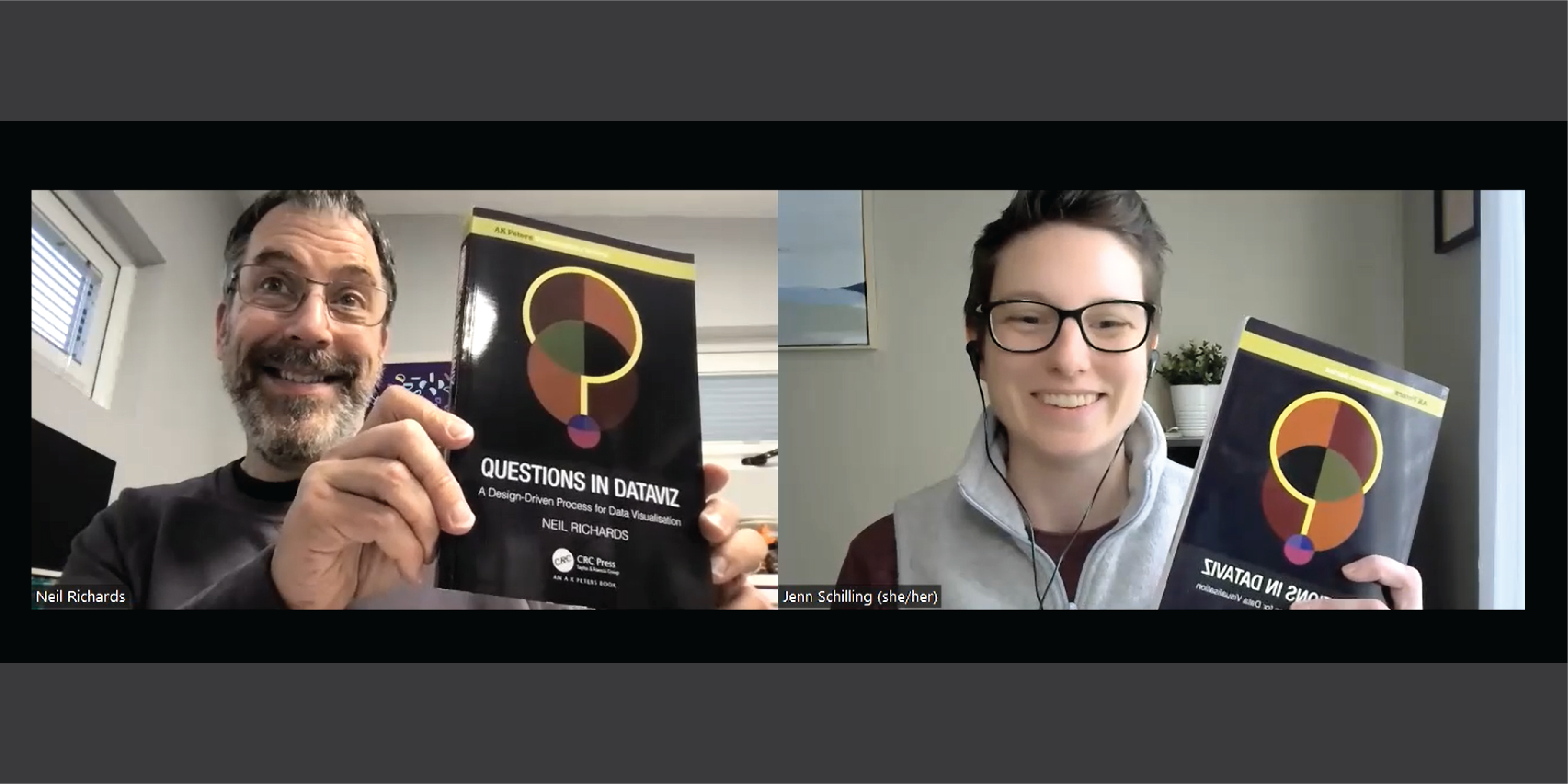 A screenshot of a video meeting between Neil Richards (a man with short dark hair, glasses, and a gray and black beard) and Jenn Schilling (a woman with short brown hair and glasses). Both Neil and Jenn are smiling and holding up their copies of the book Questions in Dataviz.