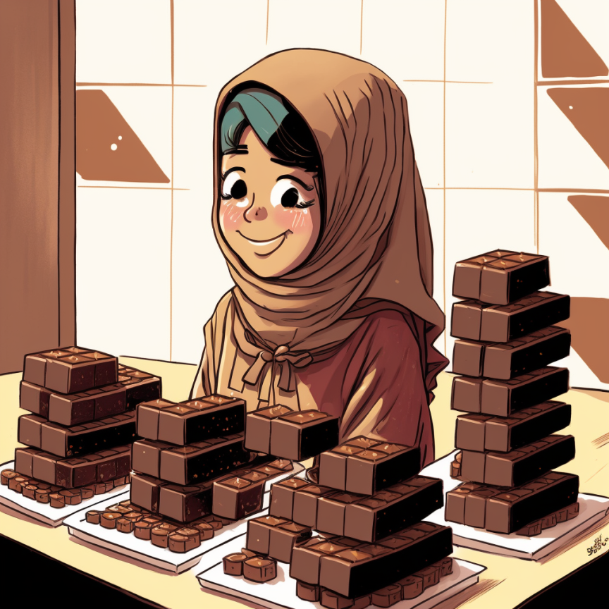 Illustration of a young girl with a big smile, wide eyes, and brown headscarf standing in front of several piles of chocolate bars