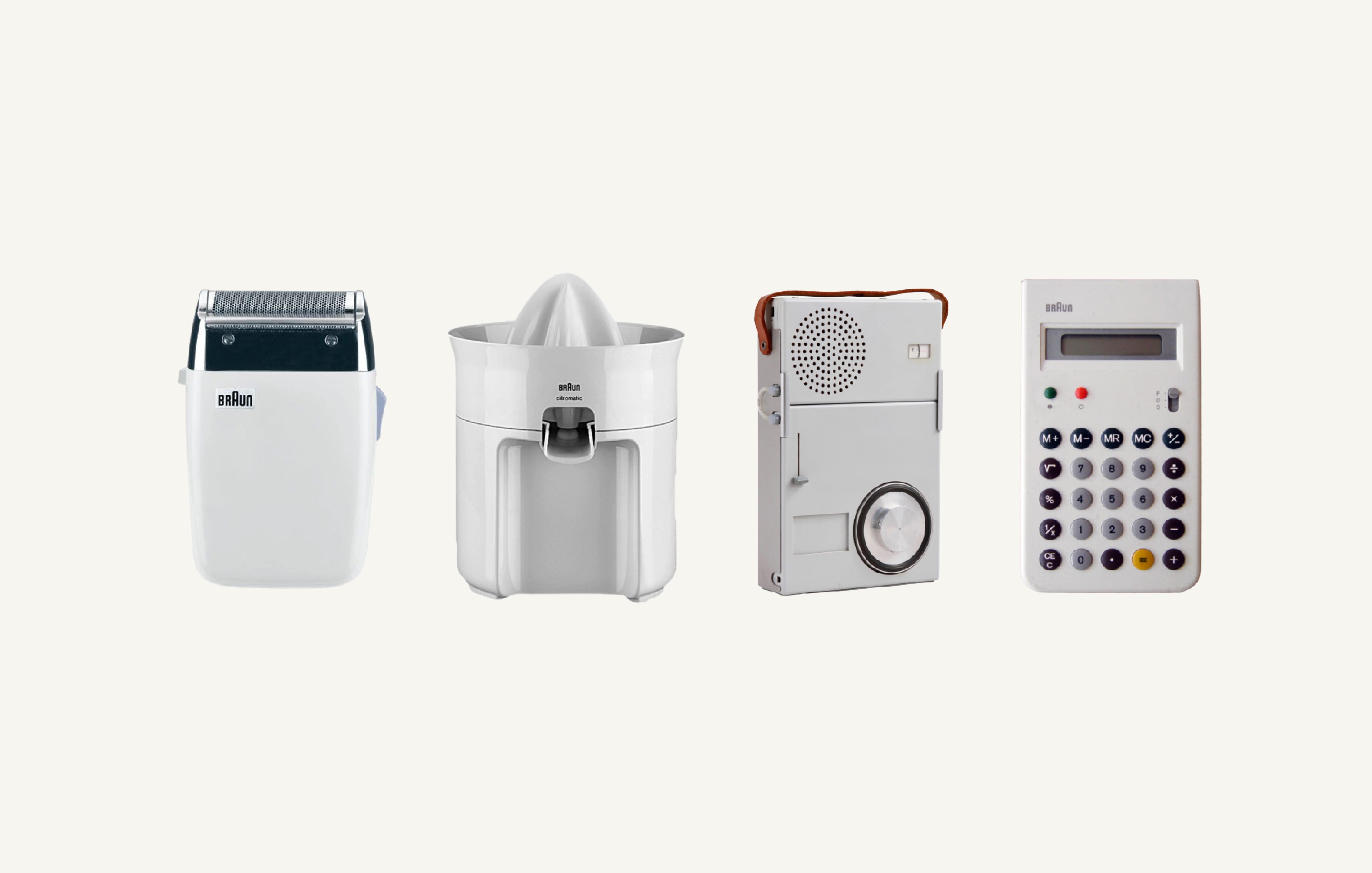 A series of Braun items: a razor, a citrus squeezer, a radio, and a calculator