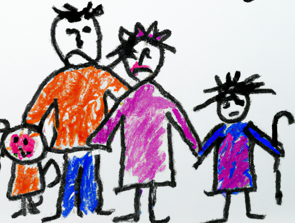 A kids drawing of a "Sick, sad family", generated by DALL-E 2, an AI system that can create realistic images and art from a description in natural language.
