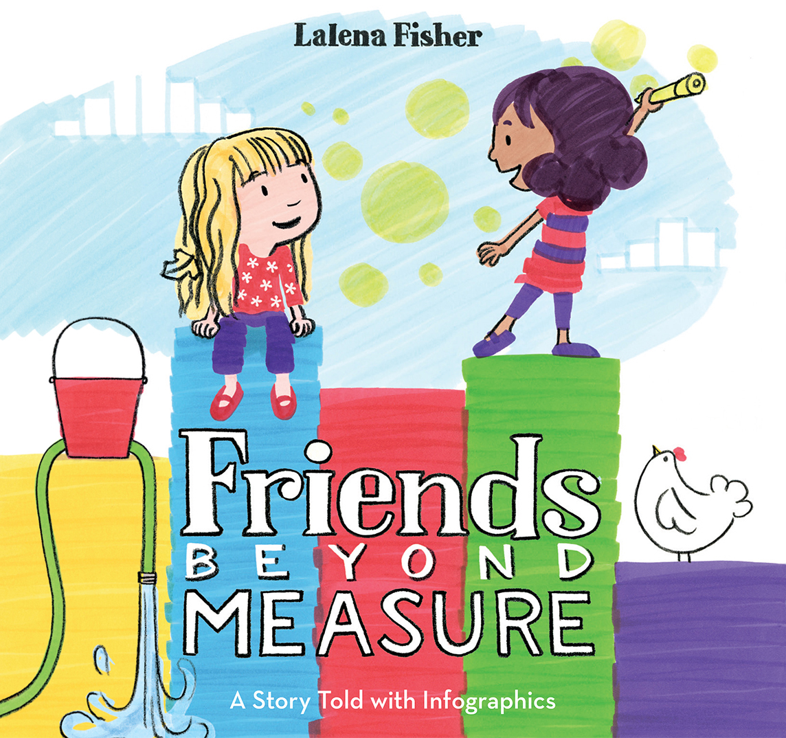 Cover of the Book "Friends Beyond Measure" featuring an illustration of two children sitting on a stack of multi-colored bars. One of the children is drawing dots on the wall behind them.