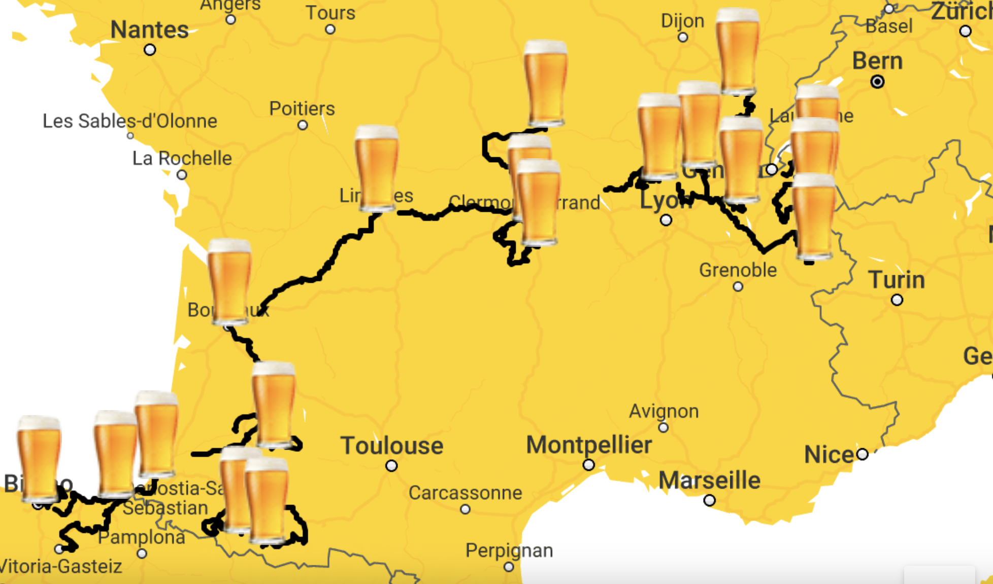 yellow map showing the tour de france, but our of beer glass icons