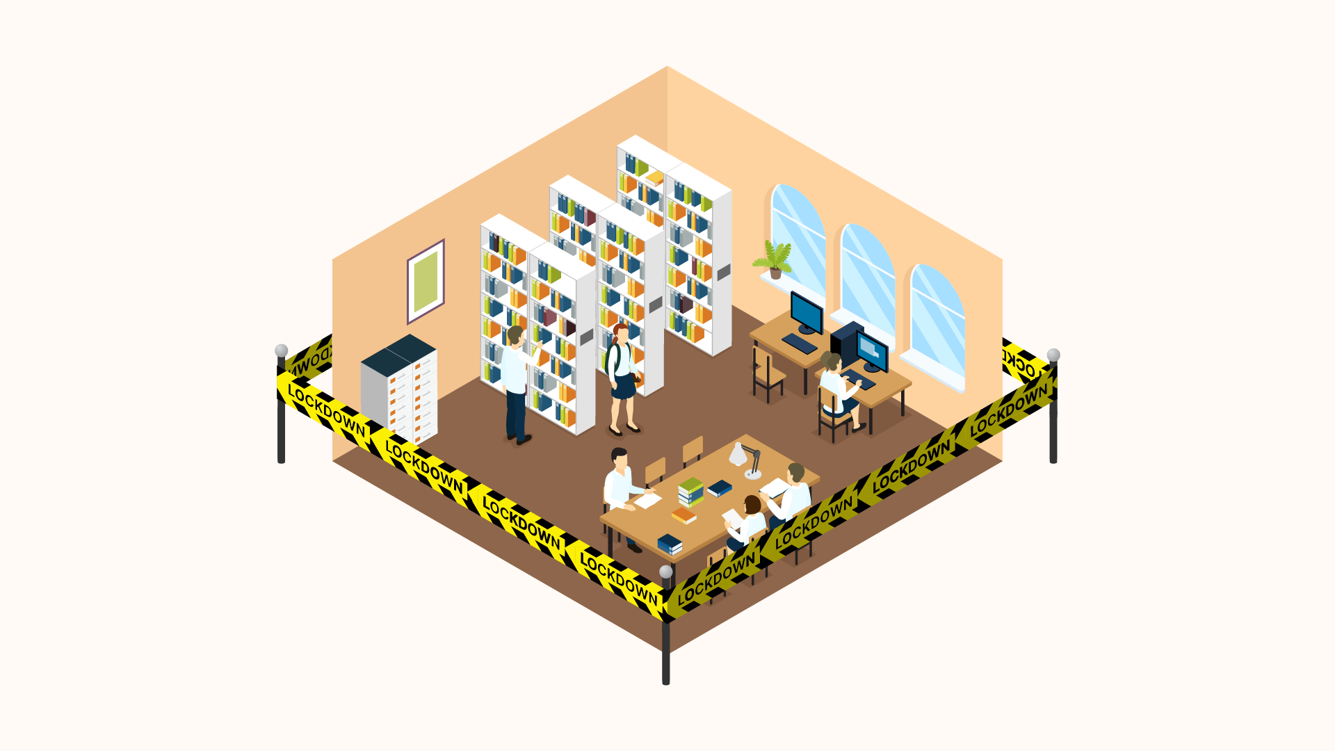 An isometric illustration of a library, filled with books and coworking tables, is enclosed by yellow police tape which read "lockdown."