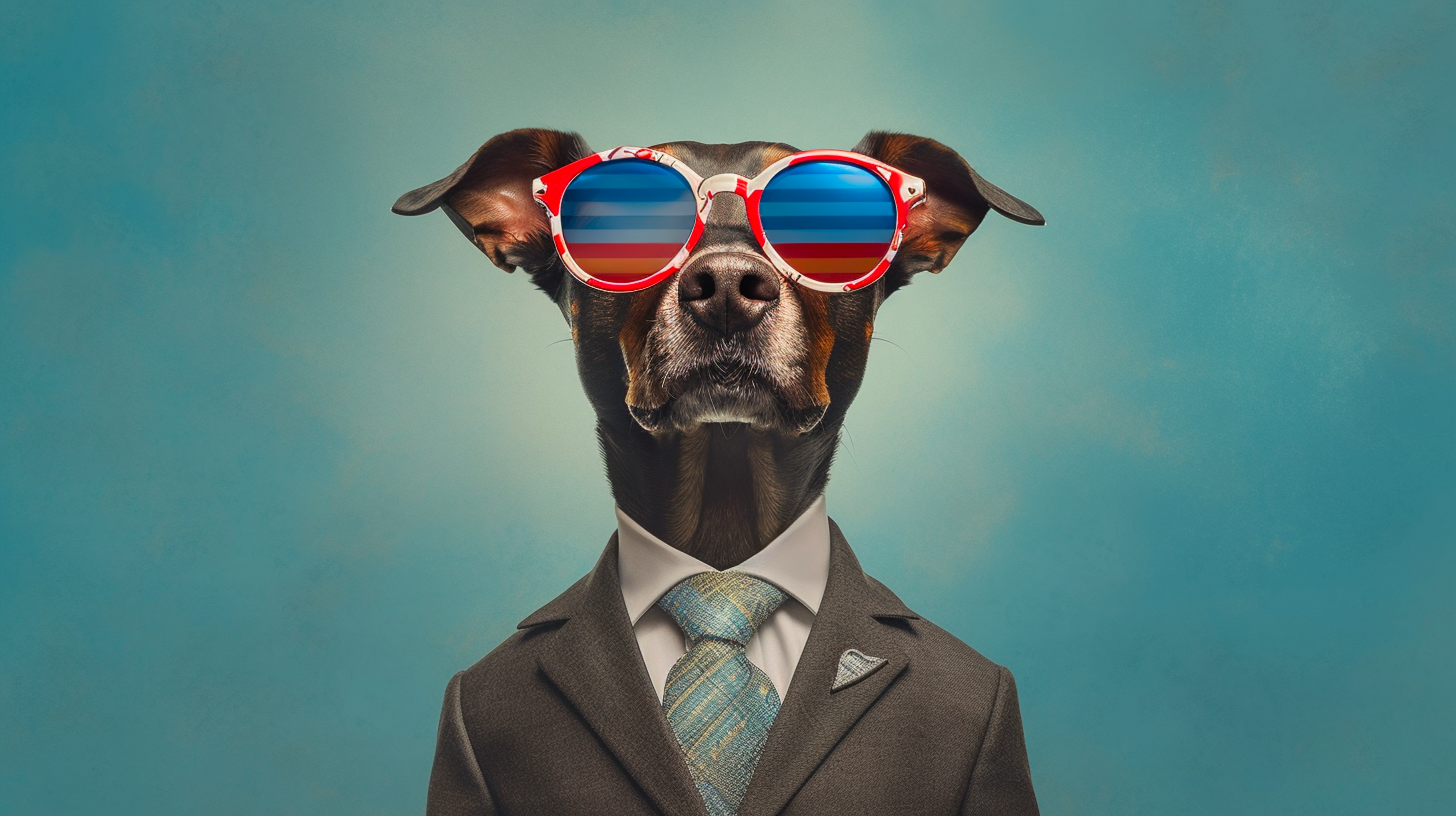 AI-generated image of a brown dog wearing a suit with sunglasses. The glasses have lenses that are shaded blue and red.