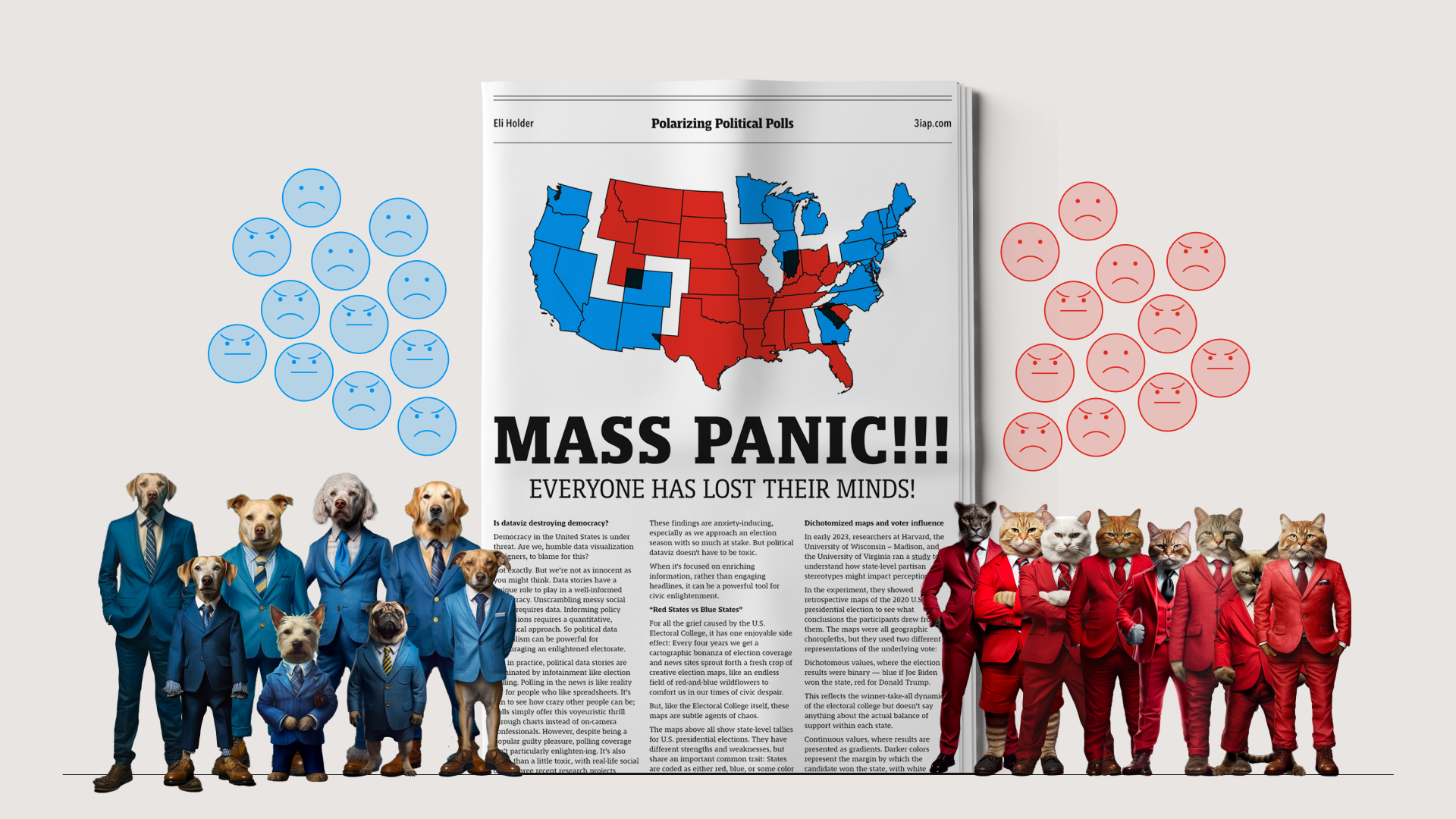 An image of a fake newspaper article that says "Mass Panic" and includes a map of red and blue states. Dogs wearing blue suits are on one side of the paper and cats wearing red are on the other.
