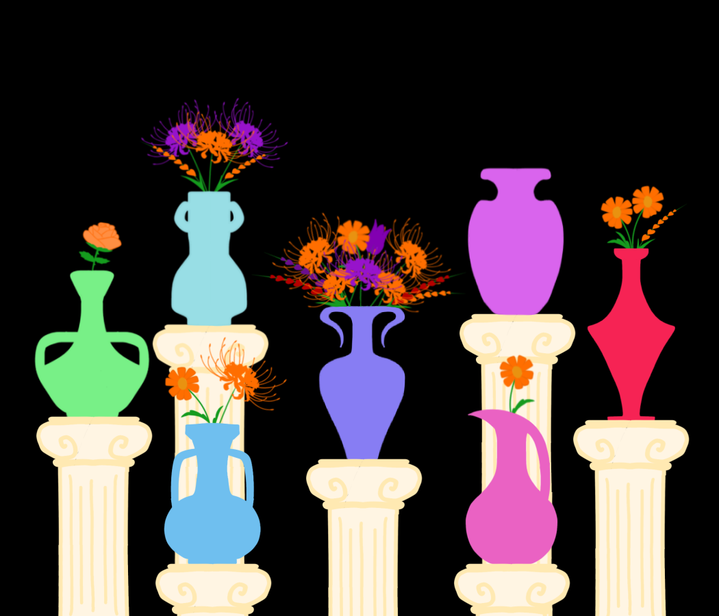A collection of vibrant, digitally-illustrated vases with flowers placed in them.