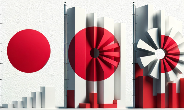 A three-part digital illustration where the flag of Japan slowly morphs into a bar chart.