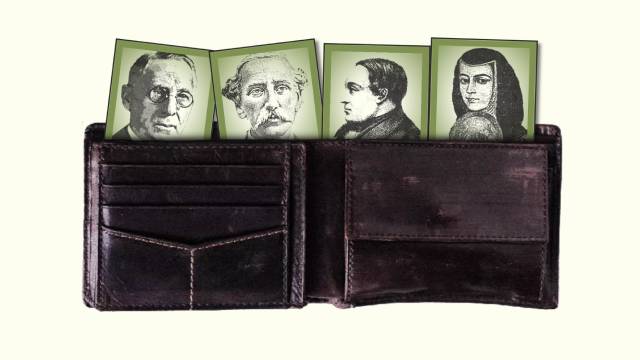 Brown leather wallet with four green cards showing three men and one woman who are featured on world banknotes.
