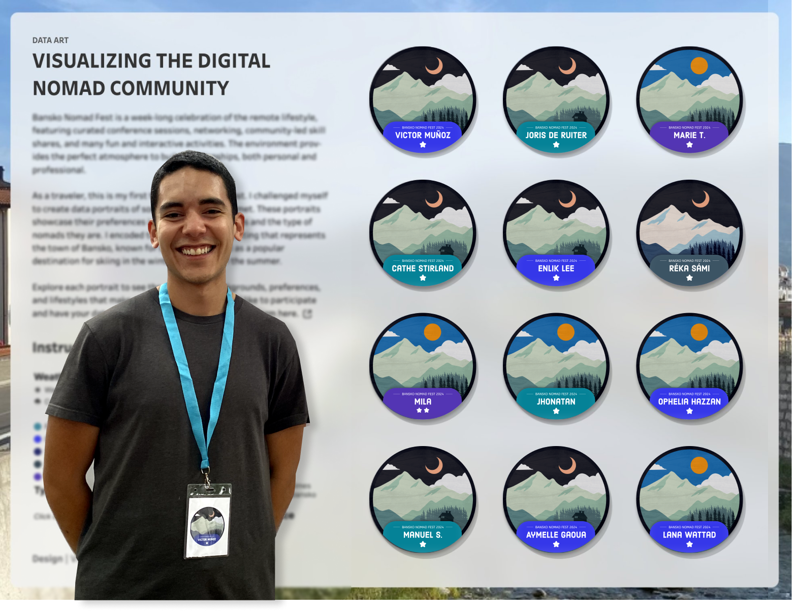 Picture of the author and an extract of the data visualization with the Data Portraits of Digital Nomads at the Bansko Nomad Fest. The visualization showcases various aspects of the nomads' preferences and backgrounds.