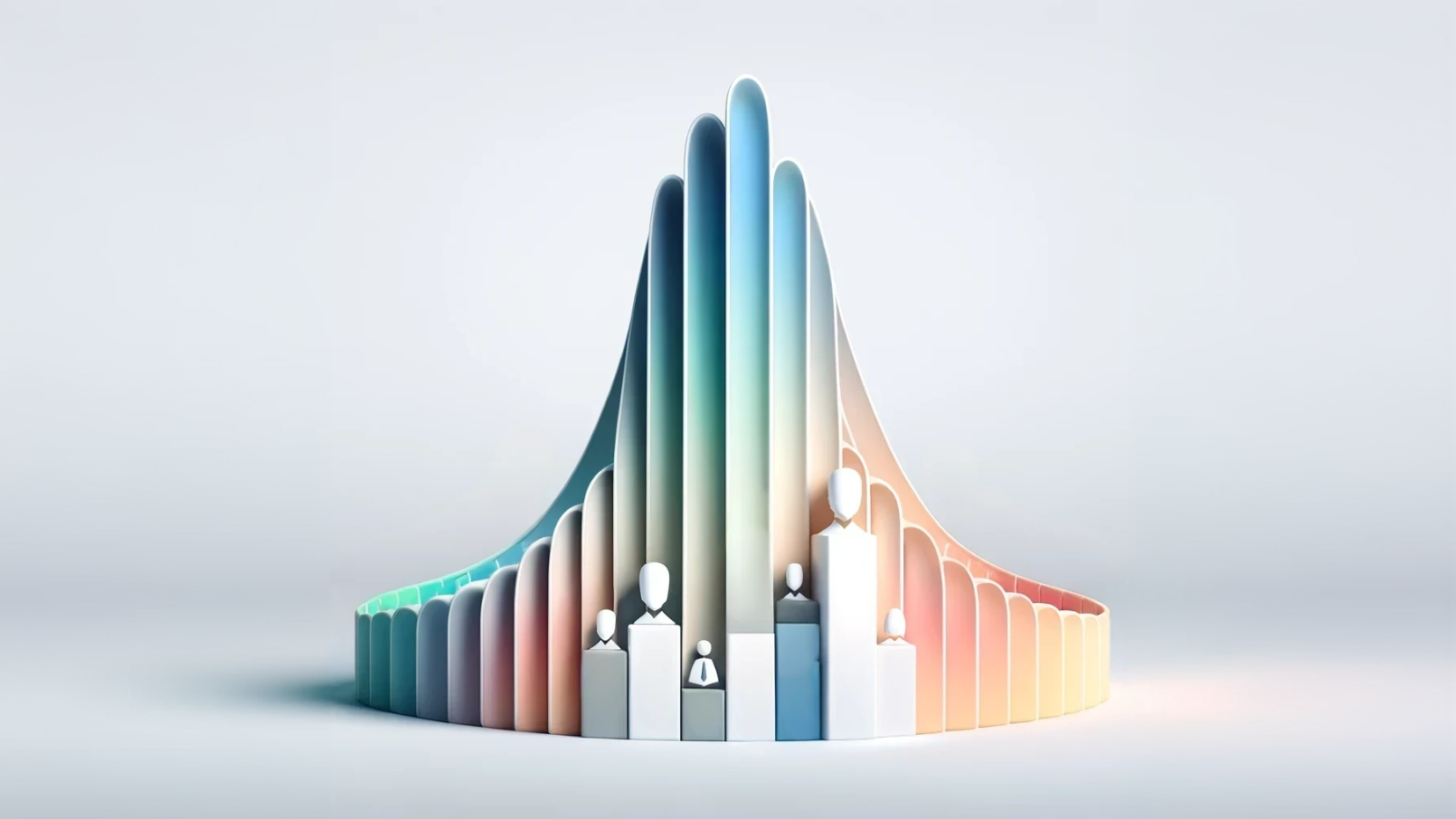 A stylized 3D representation of a data distribution, featuring a bell-shaped curve with human-like icons on top of different segments, highlighting varying demographics.