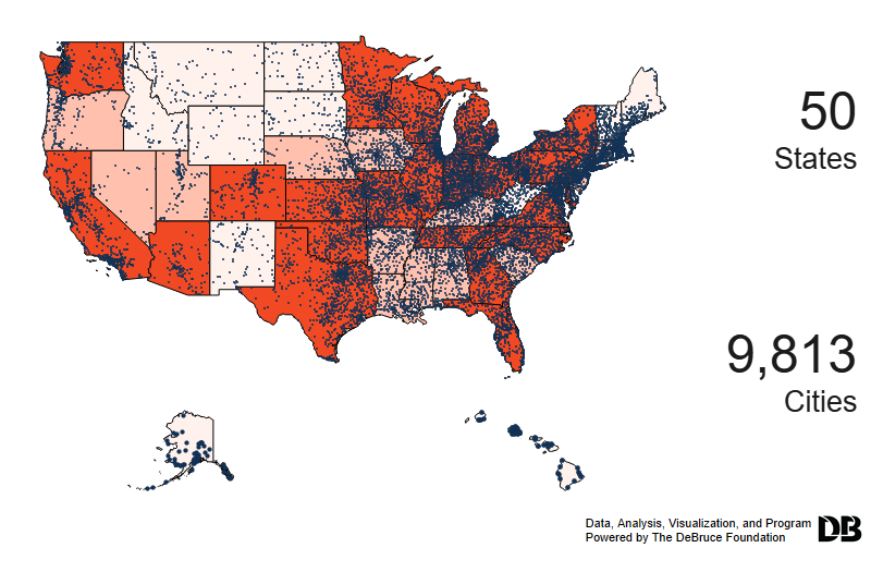 A map of the continental United States colored in shades of red with several dark blue dots where cities exist.