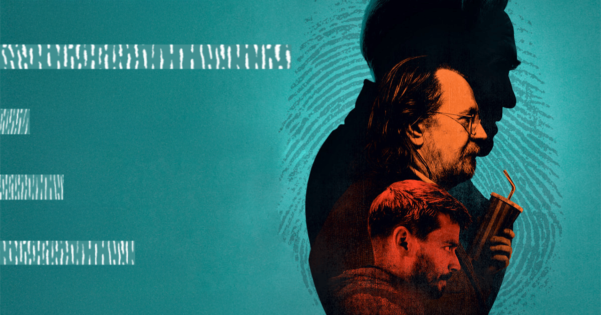 The image features a stylized, layered design against a teal background. On the right side, three profiles overlap in a vertical composition, each depicted in contrasting hues. The largest, a dark silhouette, forms the backdrop, exuding mystery. In the middle layer, an older man with glasses is rendered in warm orange tones, suggesting experience or introspection. The foreground features a younger man holding a drink with a straw, depicted in muted red tones, hinting at a more immediate, casual presence. Behind the figures, faint fingerprint patterns create texture and reinforce a theme of identity or investigation. On the left side, partially visible textured bars resemble those from a bar chart, subtly blending data visualization elements into the design. The overall tone conveys a narrative of depth, complexity, and discovery.