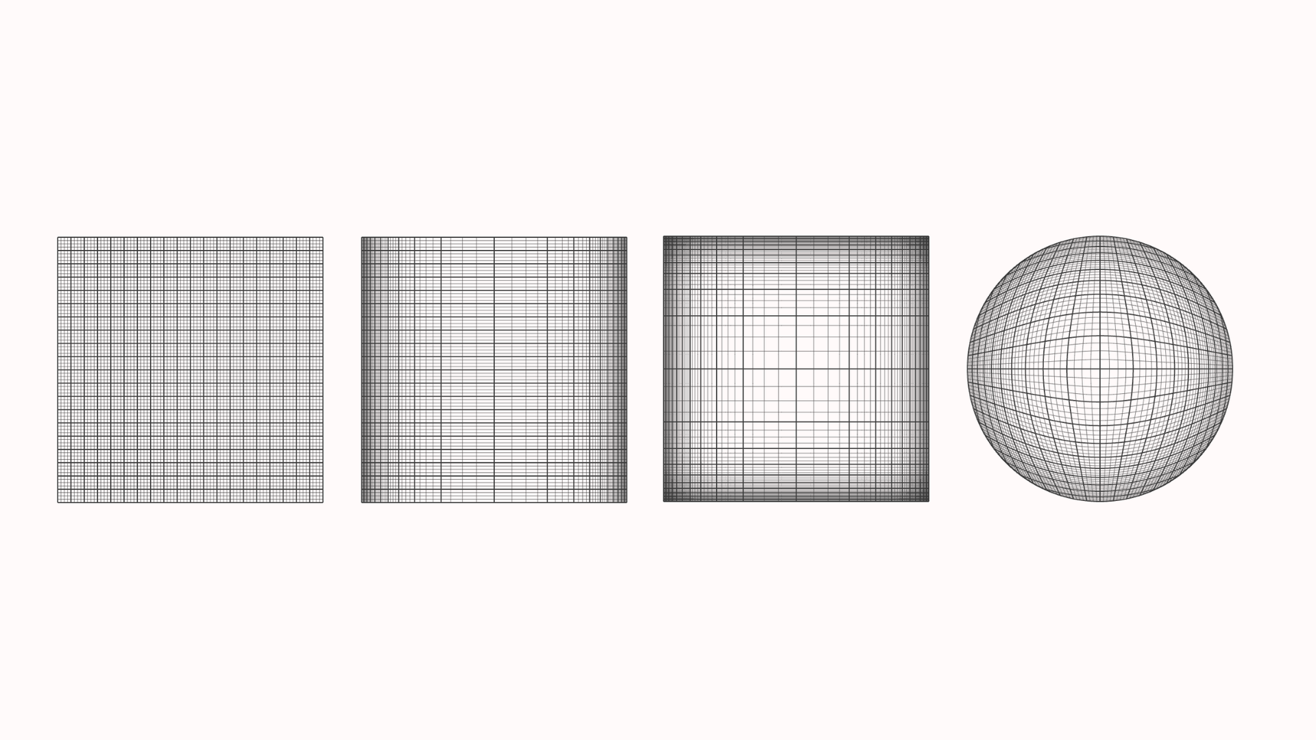 The image shows four grid visualizations demonstrating different distortion techniques. The top-left panel, labeled "Regular Grid," depicts a standard Cartesian grid with evenly spaced horizontal and vertical lines. The top-right panel, labeled "Fisheye in One Dimension," distorts horizontal grid lines to create a focused region while leaving vertical spacing unchanged. The bottom-left panel, labeled "Cartesian Fisheye View," applies a concentric distortion to the grid, emphasizing the center. Finally, the bottom-right panel, labeled "Polar Fisheye View," warps the grid into a circular shape, resembling a globe.