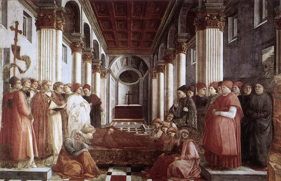 A fifteenth-century Italian fresco depicting the funeral of Saint Stephen. Mourners in long robes gather around the saint's body, laid out on a bier. The scene unfolds inside a classical architectural setting with columns and arches.
