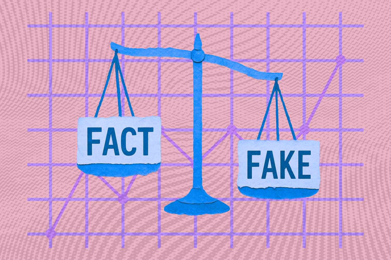 Illustration of scales weighing "fact" versus "fake" against a graph backdrop.