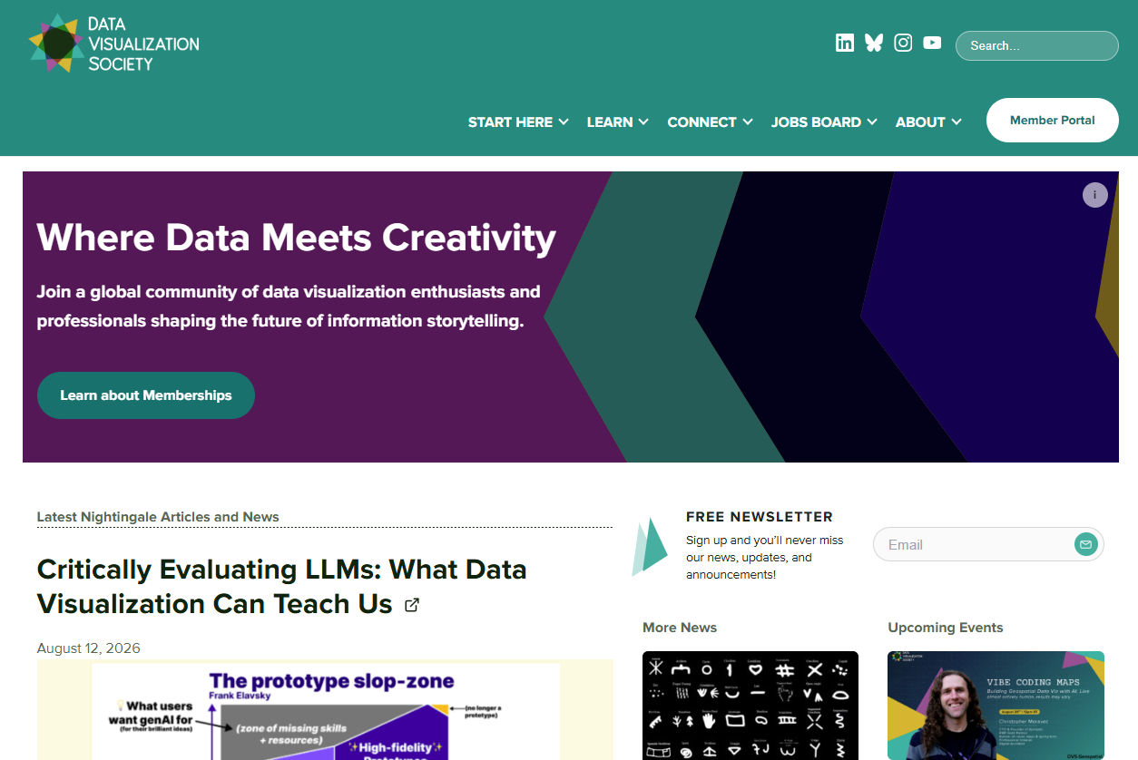 The redesigned Data Visualization Society home page. A teal header holds the DVS logo, social media icons, a search bar, and the main menu: Start Here, Learn, Connect, Jobs Board, and About, plus a Member Portal button. Below, a purple banner reads “Where Data Meets Creativity,” followed by the latest Nightingale article, a newsletter sign-up, and More News and Upcoming Events columns.